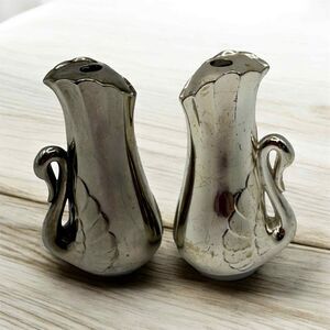Vintage Silver plated Swan Salt and Pepper Shakers Set Art Deco Collectible EUC